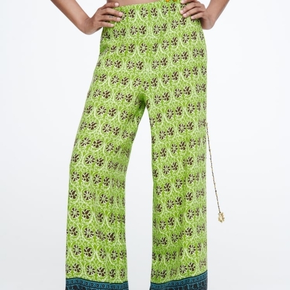 New Zara Full Length Printed High Waist Wide Leg Boho Green Pants NWT - Picture 5 of 13